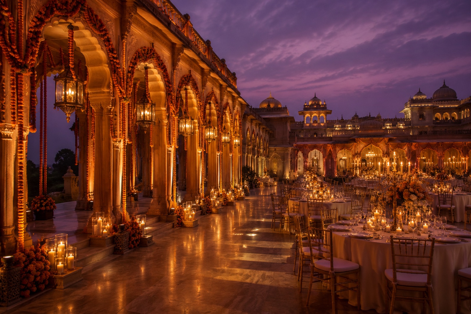 The Royal Heritage Palace courtyard set for the evening